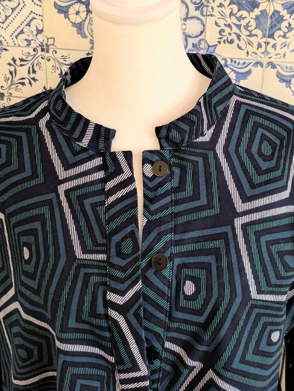 Zuri Geometric A-Line Women's Dress in Teal and Navy Sz L - Picture 3 of 6